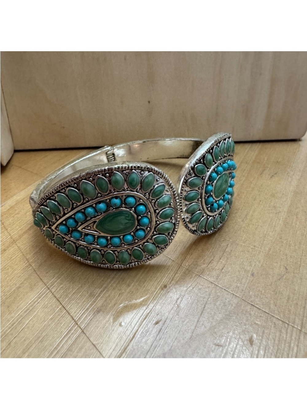 Green and Turquoise Stone Teardrop Open Cuff Bracelet